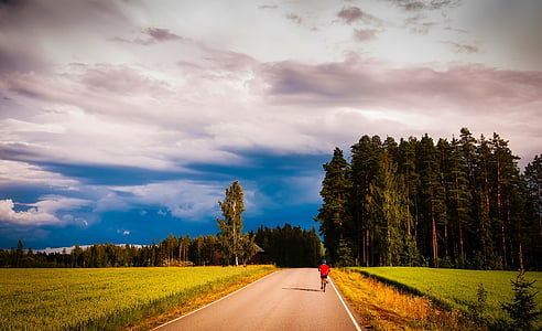 person walking on road near green grass field thumbnail