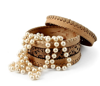women's white pearl necklace with round brown wooden case thumbnail