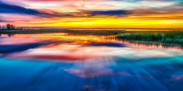 landscape photography of grass field and body of water thumbnail
