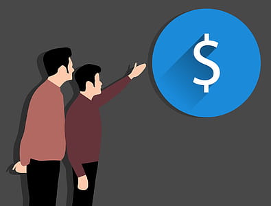 Two men - illustrated - looking at a money sign icon. thumbnail