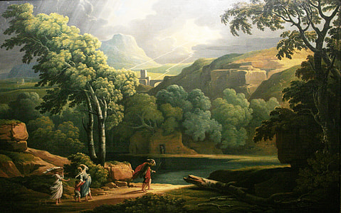 three people beside lake surrounded by green trees painting thumbnail