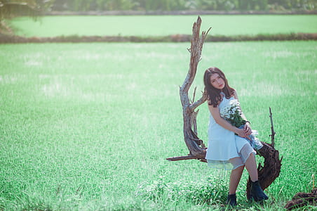 Woman Sitting on Tree While Holding Bouquet of White Flower thumbnail