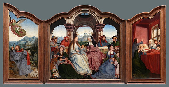religious painting with brown wooden frame thumbnail