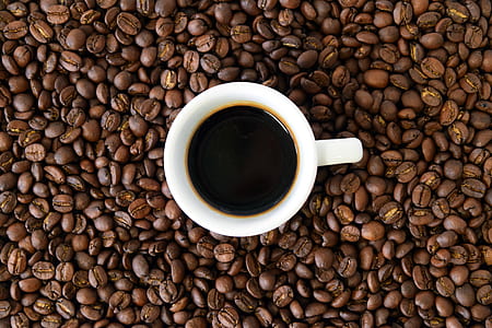 white ceramic teacup filled with coffee on top of coffee bean lot thumbnail