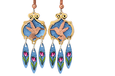 pair of gold-colored and blue bird embossed chandelier earrings thumbnail