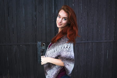 Woman Wearing Grey Printed Poncho Posing for Photo thumbnail