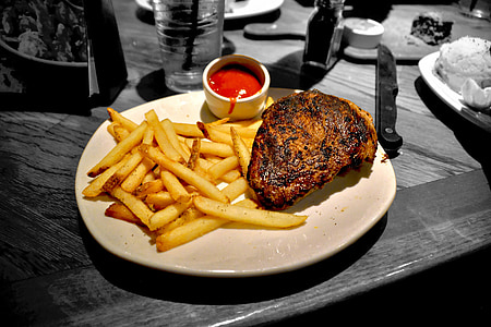 grilled meat and fries placed on plate thumbnail
