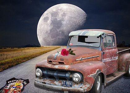 brown Chevrolet C100 pickup truck on road with moon at distance thumbnail