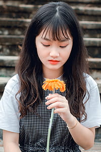 Girl Holding Orange Gerbera Daisy thumbnail
