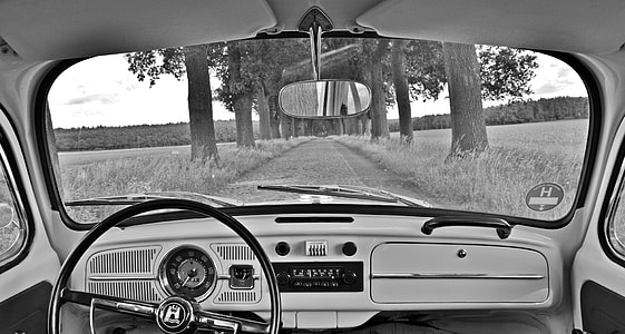 black and white photo of car steering wheel thumbnail