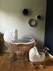 baby's white bassinet with stroller thumbnail