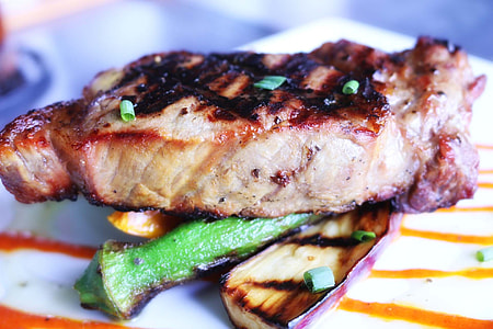 grilled meat with lady's finger and eggplant on plate thumbnail