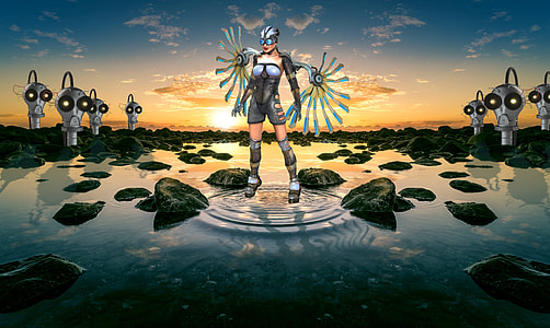 female character standing on blue body of water digital wallpaper thumbnail