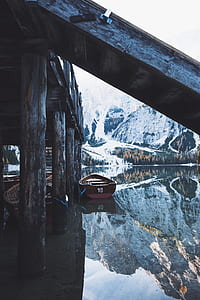 mountain, lake, snow, boat thumbnail
