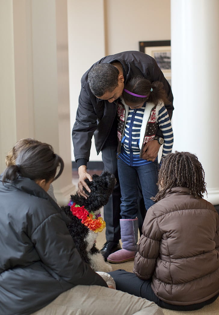 man holding black and white dog and girl in front of three women inside room