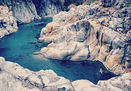 person in body of water between of two mountains thumbnail