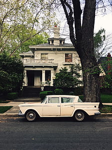 white classic car parked near tree trunk thumbnail