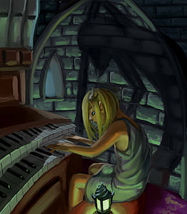 woman playing organ near gray wall thumbnail