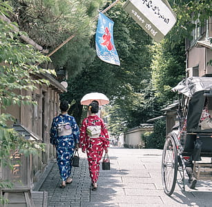 Two Woman Wearing Kimono Dress Walking Beside Sidewalk thumbnail