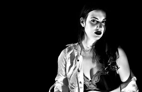 grayscale photo of woman in black bra thumbnail