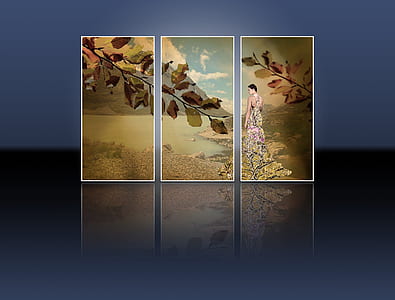 woman walking near lake 3-panel painting illustration thumbnail