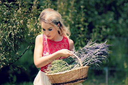 woman carrying a basket filled with green-and-purple plants at daytime thumbnail