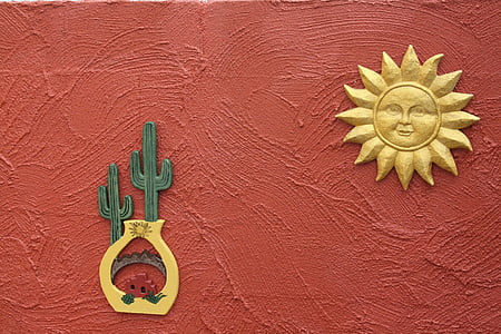 yellow sun and green cactus artwork on red surface thumbnail