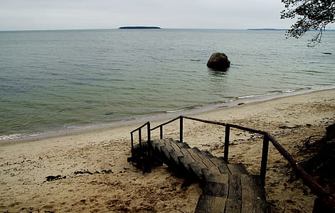 Brown Wooden Stairs Near Body of Water thumbnail