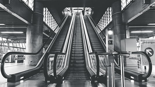 grayscale photo of escalators thumbnail