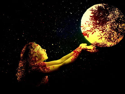 girl under full moon with starry night thumbnail