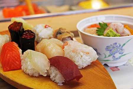 sushi dish on brown wooden board thumbnail