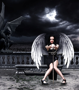 woman with wings holding sword sitting on bench digital wallpaper thumbnail