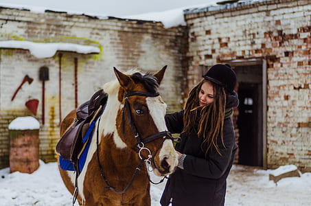 woman standing beside white and brown horse thumbnail