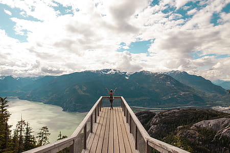 Person Standing With Hands on Air on Brown Wooden Dock With Overlooking View of Lake Under White Clouds and Blue Sky thumbnail