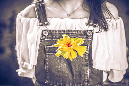 selective color photo of yellow petaled flower on person's romper thumbnail