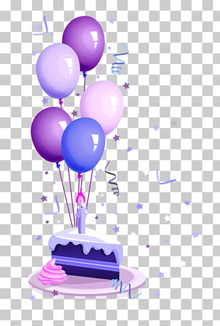 Birthday cake Happy Birthday to You Party, Birthday cake, purple, pink, and blue balloons with slice of cake and candle PNG clipart