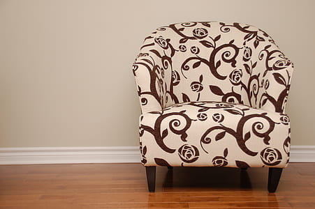 black and gray fabric floral barrel chair thumbnail