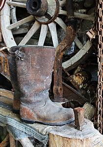 pair of brown leather boots near carriage wheel thumbnail
