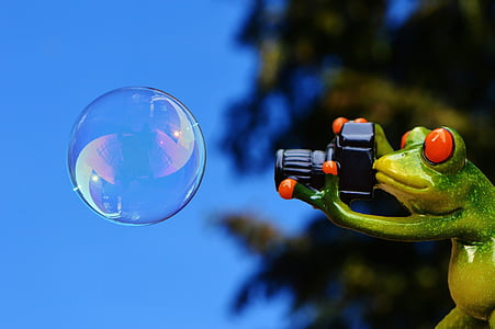 close-up photography og green frog holding black camera ceramic figurine near clear bubble thumbnail