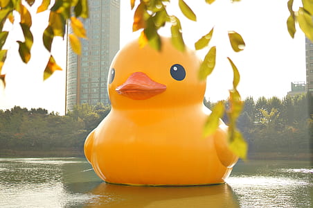 giant yellow inflatable duck on body of water near trees during day thumbnail