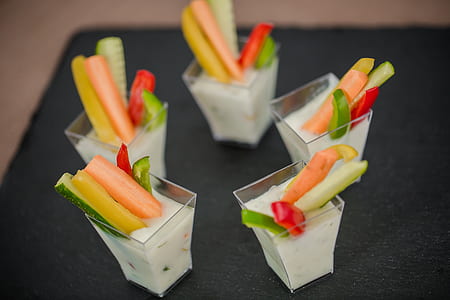 five dessert foods with sliced of vegetables thumbnail