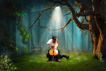 man playing viola in forest thumbnail