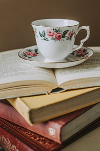 white and pink floral teacup with saucer on piled books thumbnail