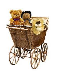 three brown bear plush toys in brown wicker bassinet thumbnail