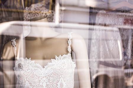 wedding dress, shop window, mannequin, lace clothing thumbnail