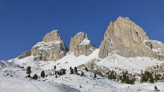 snow-covered mountain with trees under blue sky thumbnail