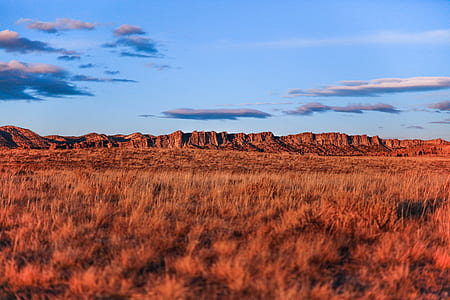 landscape photography of brown grass plain surrounded with mountains under blue sky at daytime thumbnail