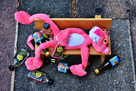 photo of Pink Panther sleeping on bench holding and surrounded by empty liquor bottles thumbnail