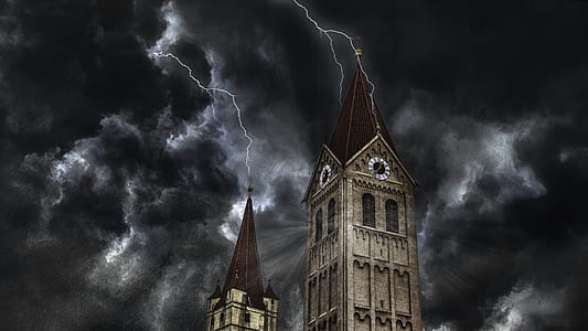 tower with lightning during night time thumbnail