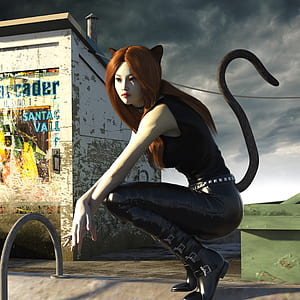 woman in latex leggings with cattail squatting on top of building thumbnail